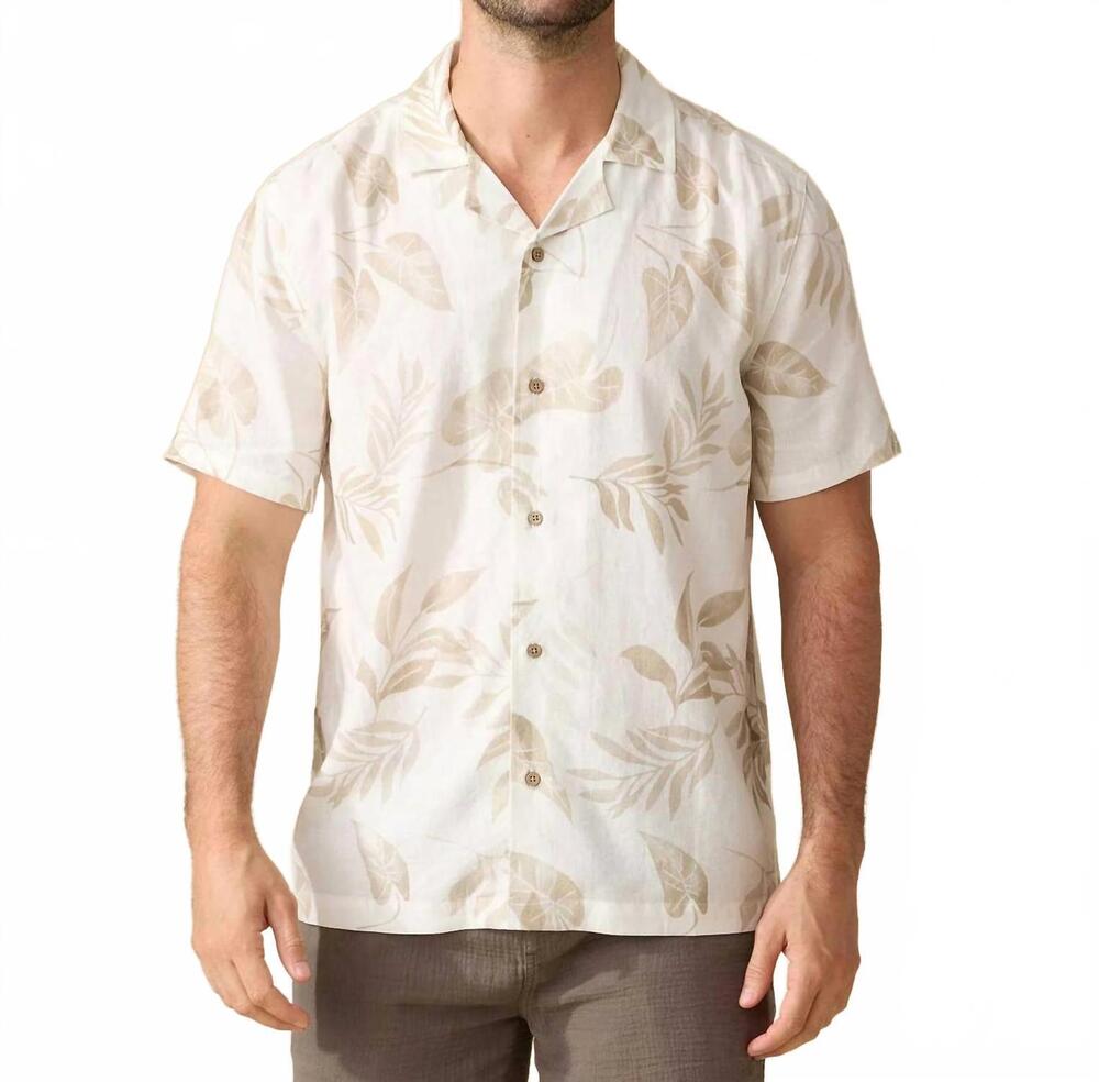 NEW FLAGS & ANTHEM parsons leaf print camp collar shirt in white/tan